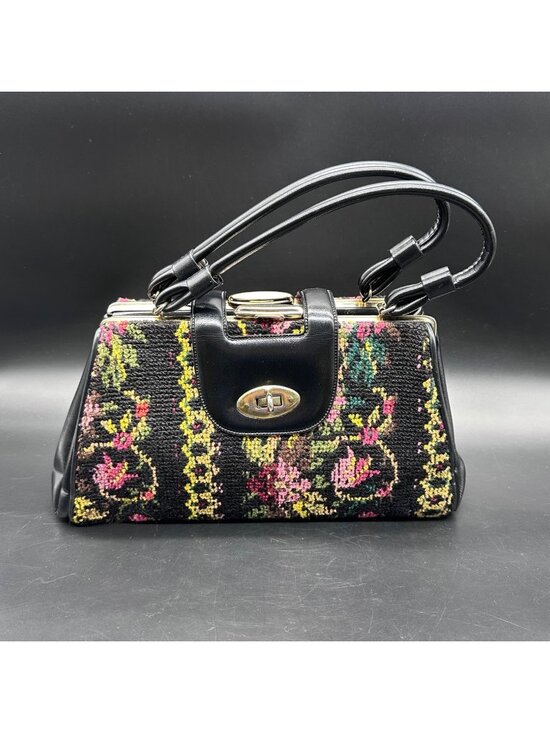 Handbags - Vintage Tapestry Carpet Bag Purse Handbag 1960s Floral Dual Handles Pink Black
